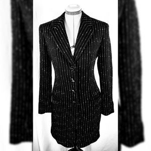 DONNA KARAN Black Tweed Pinstripe Long Blazer S